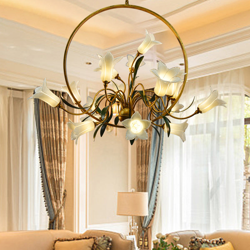 Rustic Hand-Blown Glass Lily Flower Chandelier for Living Room with Metal Ring