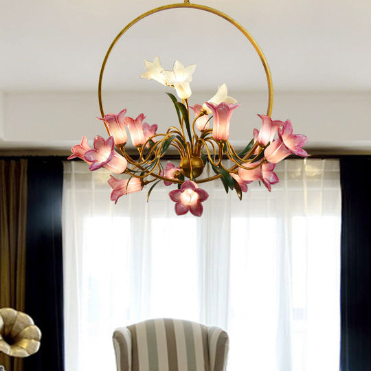 Rustic Hand-Blown Glass Lily Flower Chandelier for Living Room with Metal Ring