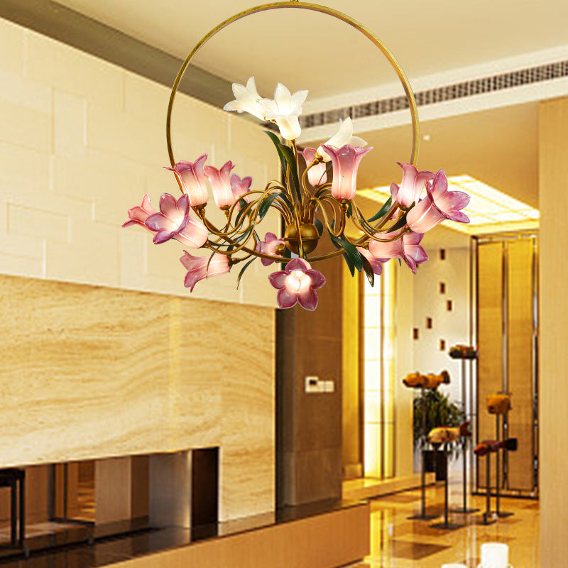 Rustic Hand-Blown Glass Lily Flower Chandelier for Living Room with Metal Ring