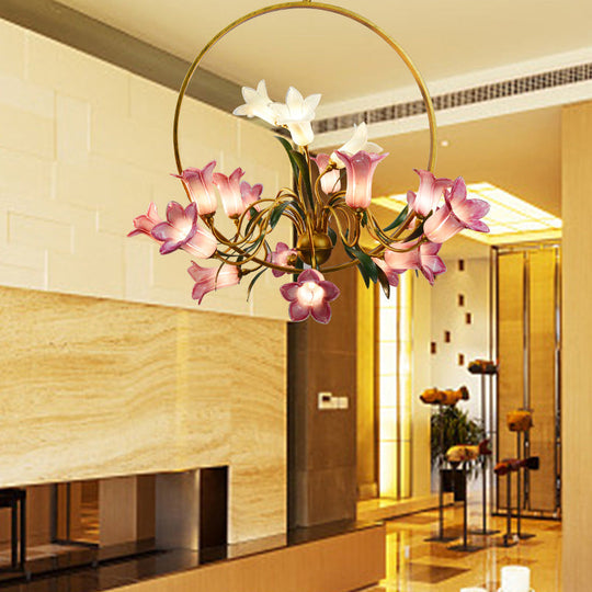 Rustic Hand-Blown Glass Lily Flower Chandelier for Living Room with Metal Ring