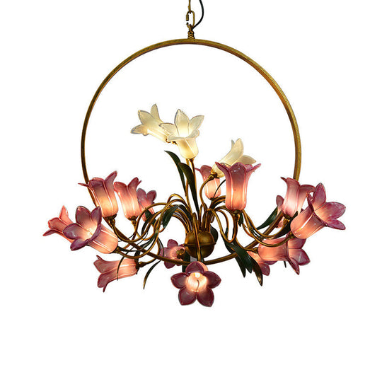Rustic Hand-Blown Glass Lily Flower Chandelier for Living Room with Metal Ring