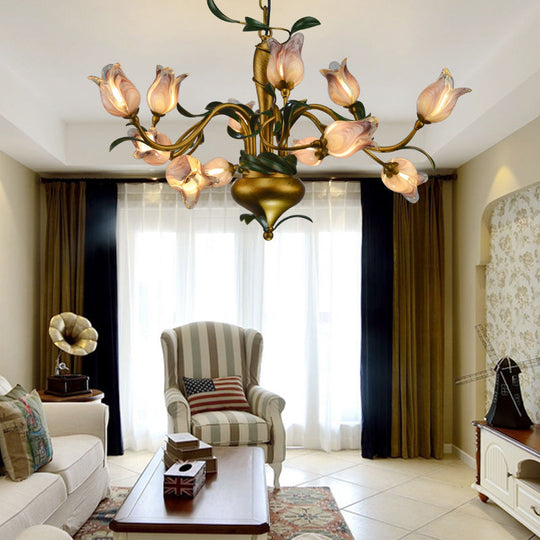 Hand-Worked Glass Tulip Chandelier: 12-Light American Flower Ceiling Light for Living Room