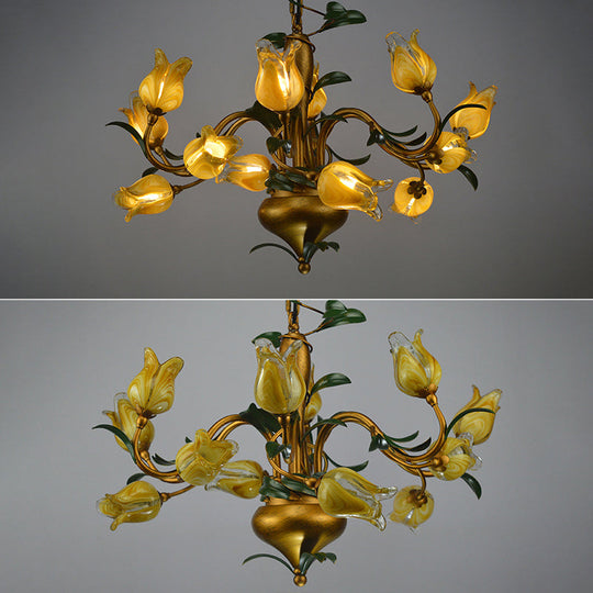 Hand-Worked Glass Tulip Chandelier: 12-Light American Flower Ceiling Light for Living Room