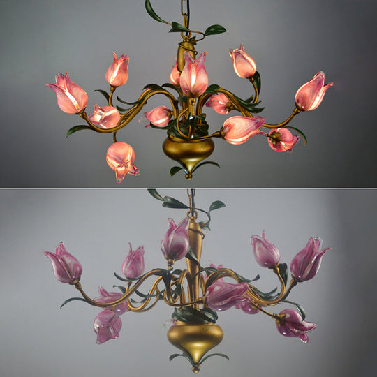 Hand-Worked Glass Tulip Chandelier: 12-Light American Flower Ceiling Light for Living Room