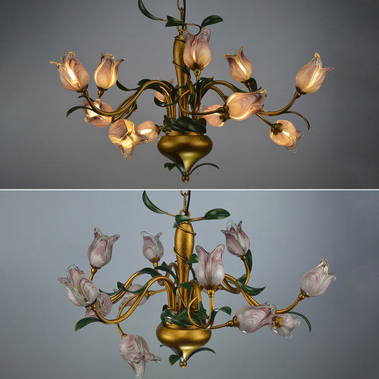 Hand-Worked Glass Tulip Chandelier: 12-Light American Flower Ceiling Light for Living Room