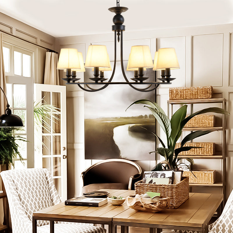 Country Style Conical Chandelier with Fabric Pendant for Dining Room Lighting