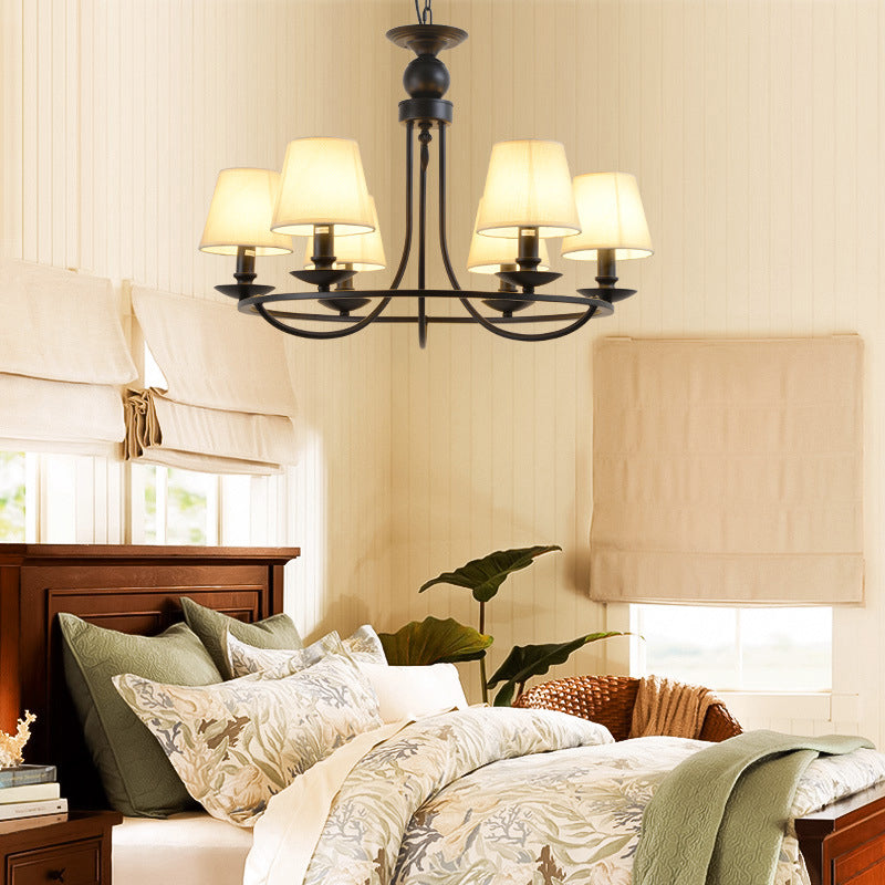 Country Style Conical Chandelier with Fabric Pendant for Dining Room Lighting