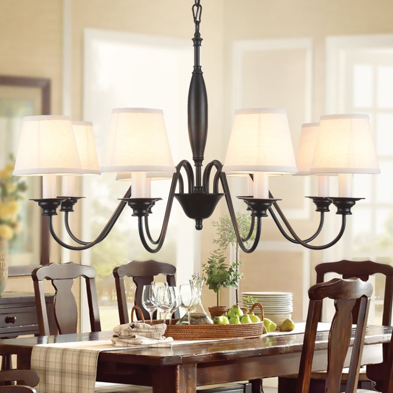 Rustic Black Candle Chandelier with Tapered Fabric Shade – Perfect Hanging Light for Restaurants