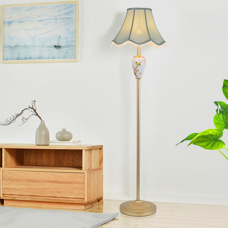 Gold Fabric Flared Floor Light: Classic 1-Light Accent Lamp for Living Room with Scalloped Trimming