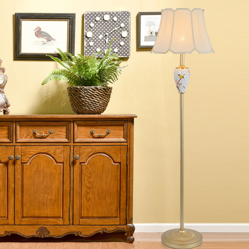 Gold Fabric Flared Floor Light: Classic 1-Light Accent Lamp for Living Room with Scalloped Trimming