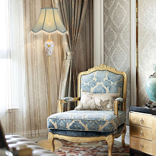 Gold Fabric Flared Floor Light: Classic 1-Light Accent Lamp for Living Room with Scalloped Trimming