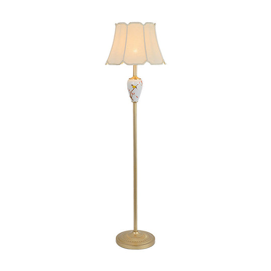 Gold Fabric Flared Floor Light: Classic 1-Light Accent Lamp for Living Room with Scalloped Trimming