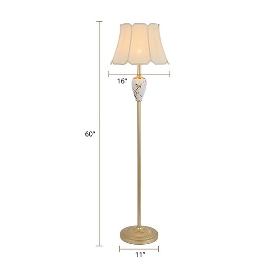 Gold Fabric Flared Floor Light: Classic 1-Light Accent Lamp for Living Room with Scalloped Trimming