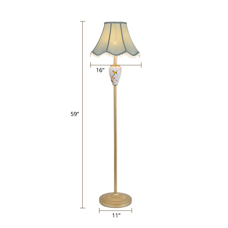 Gold Fabric Flared Floor Light: Classic 1-Light Accent Lamp for Living Room with Scalloped Trimming