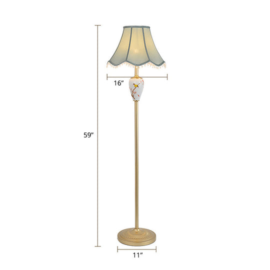 Gold Fabric Flared Floor Light: Classic 1-Light Accent Lamp for Living Room with Scalloped Trimming