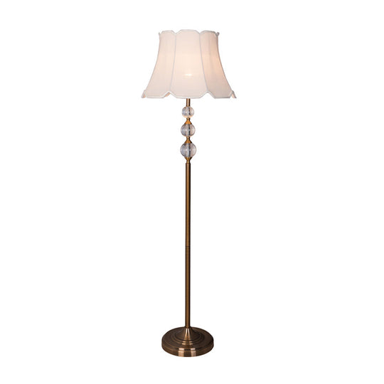 Rustic Fabric Floor Lamp with Crystal Ball Accent - White Lighting, Scallop Bell Shade, 1 Bulb Stand Up Design