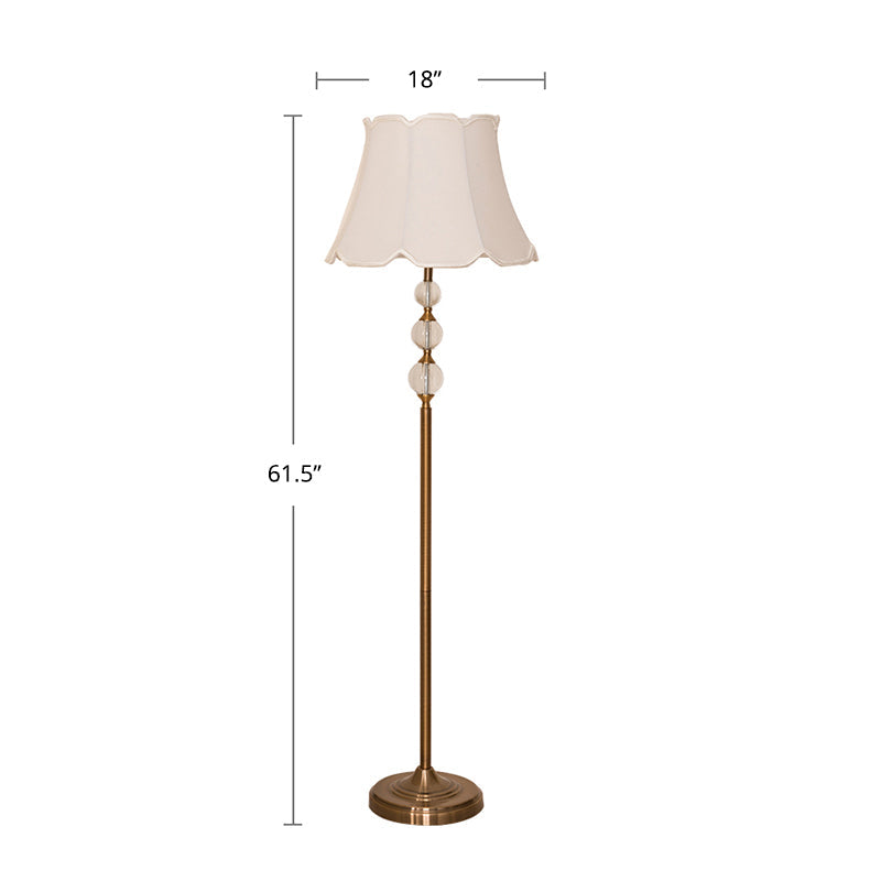 Rustic Fabric Floor Lamp with Crystal Ball Accent - White Lighting, Scallop Bell Shade, 1 Bulb Stand Up Design