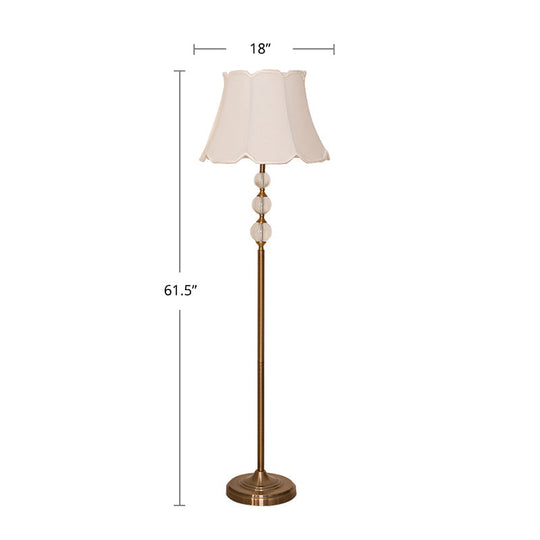 Rustic Fabric Floor Lamp with Crystal Ball Accent - White Lighting, Scallop Bell Shade, 1 Bulb Stand Up Design