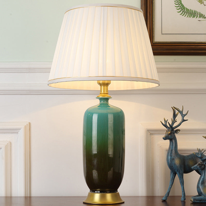 Minimalist White Tapered Table Lamp - Fabric Nightstand Light with Ombre Ceramic Base