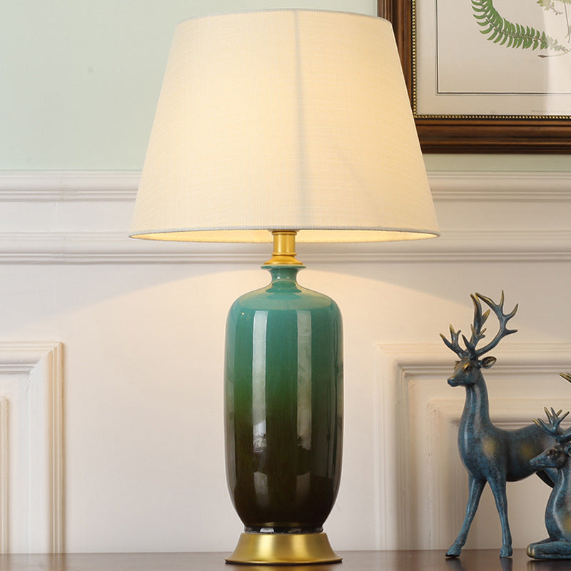 Minimalist White Tapered Table Lamp - Fabric Nightstand Light with Ombre Ceramic Base