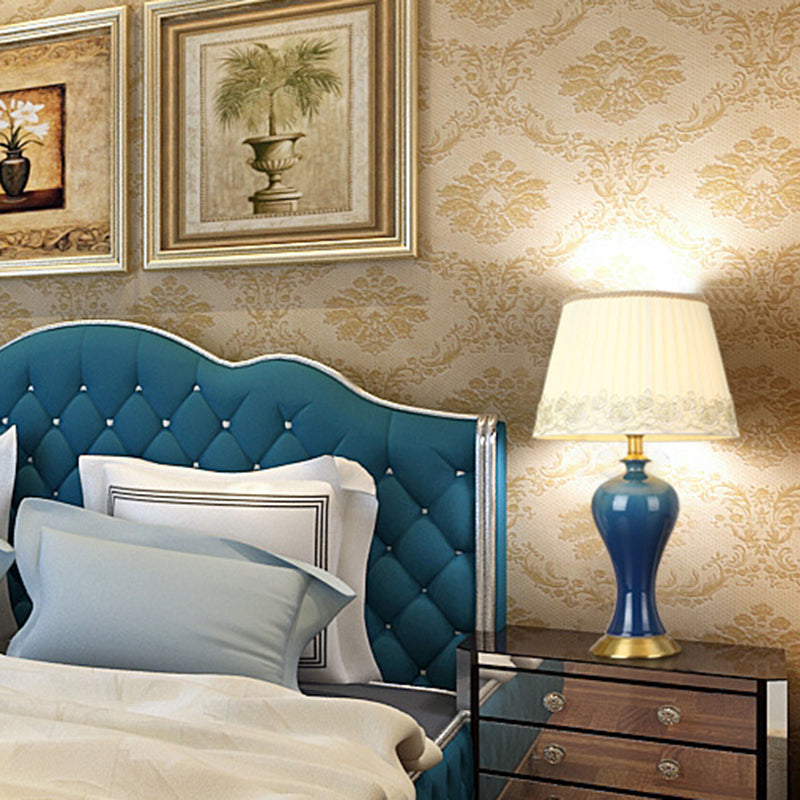 Blue Pottery Base Bedside Table Lamp with Modern Empire Shade Night Light