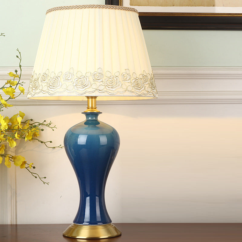 Blue Pottery Base Bedside Table Lamp with Modern Empire Shade Night Light