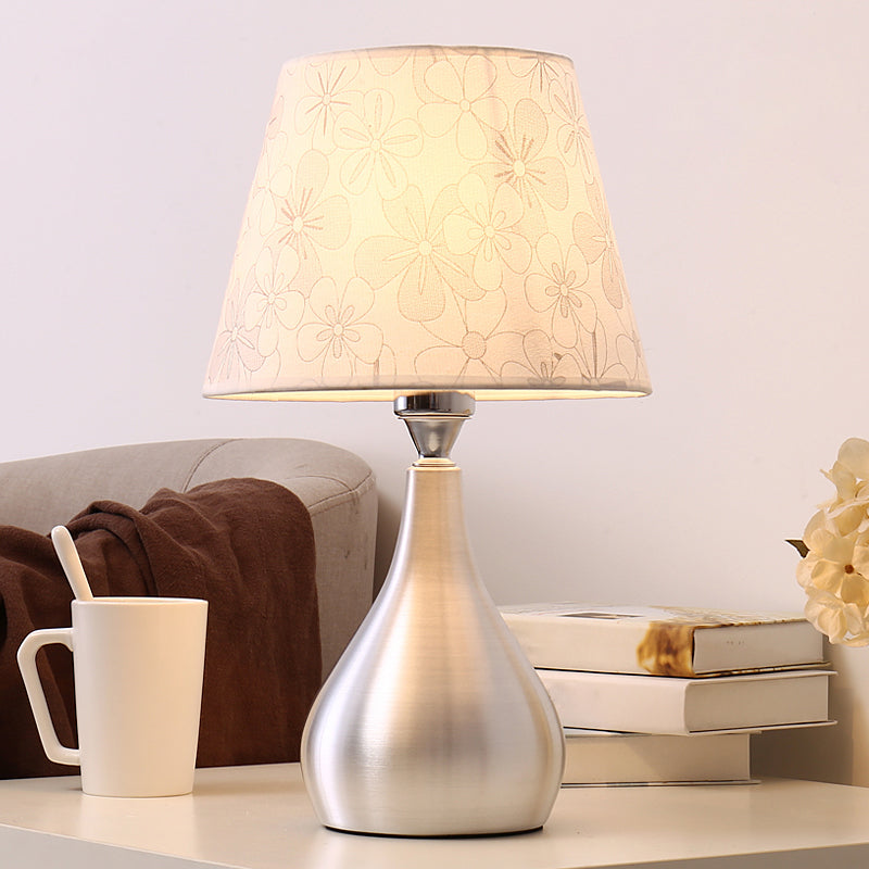 Modern Silver Drop Table Lamp: 1-Light Aluminum Night Light with Cone Fabric Shade