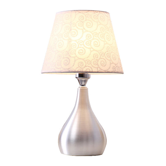Modern Silver Drop Table Lamp: 1-Light Aluminum Night Light with Cone Fabric Shade