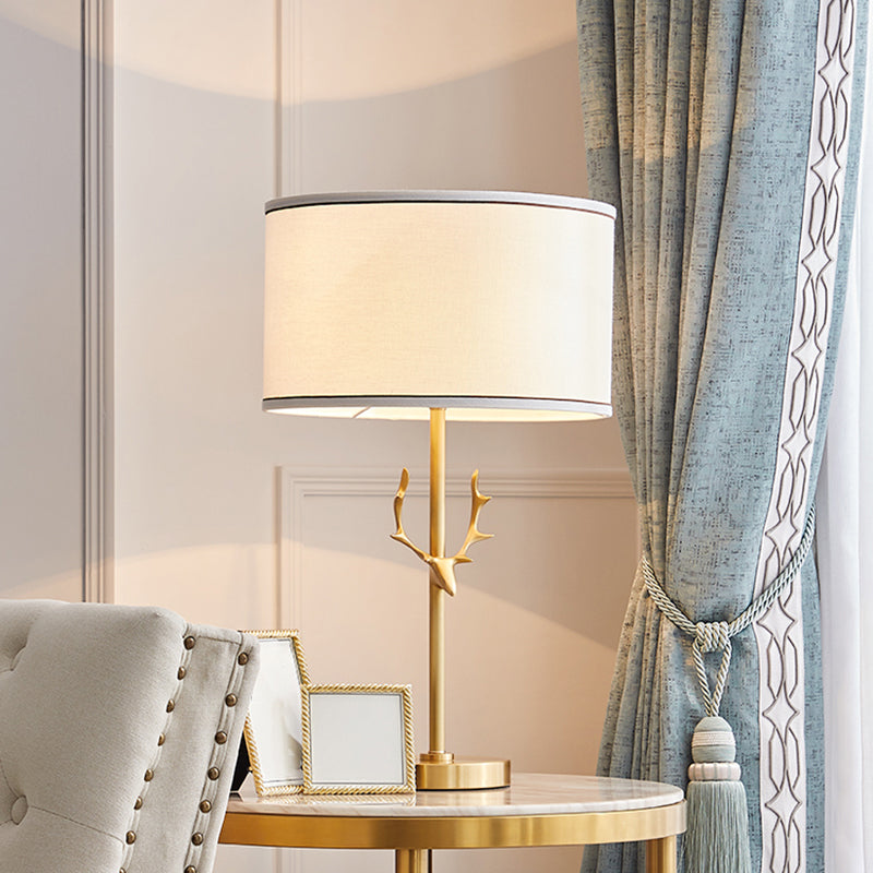 Minimalist 1 Head Fabric Night Lamp with Antler Decoration - White Round Table Light