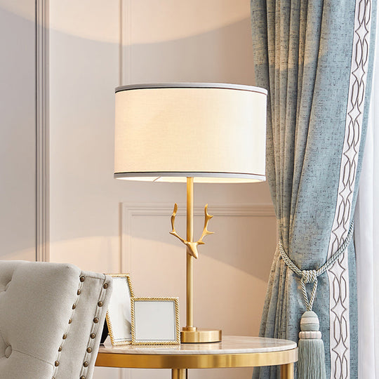 Minimalist 1 Head Fabric Night Lamp with Antler Decoration - White Round Table Light