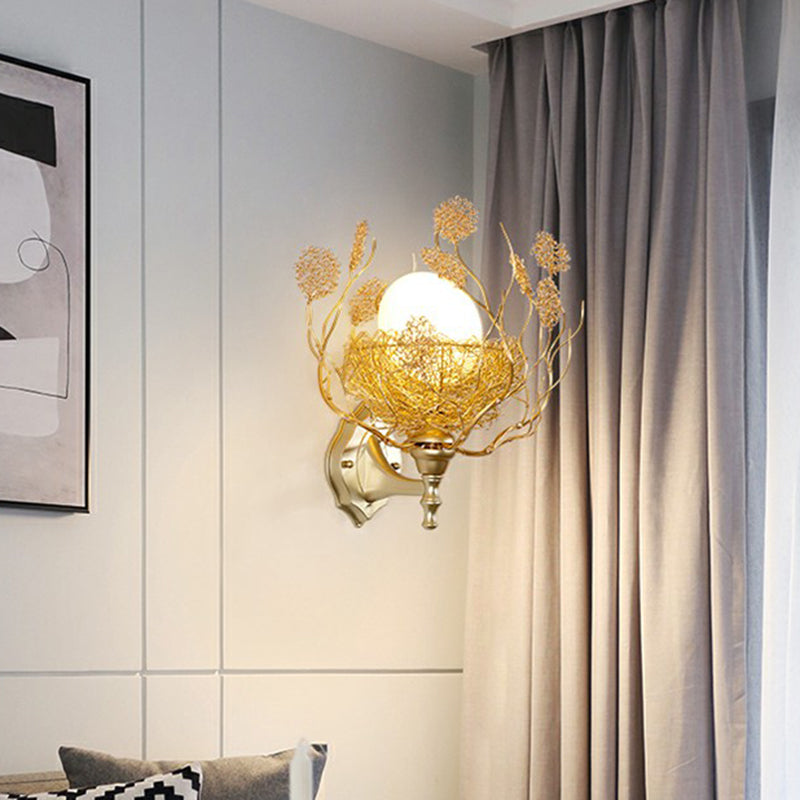 White Glass Egg Shaped Wall Lamp - Bedroom Sconce Light with Gold Aluminum Wire Nest