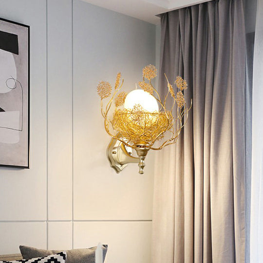 White Glass Egg Shaped Wall Lamp - Bedroom Sconce Light with Gold Aluminum Wire Nest