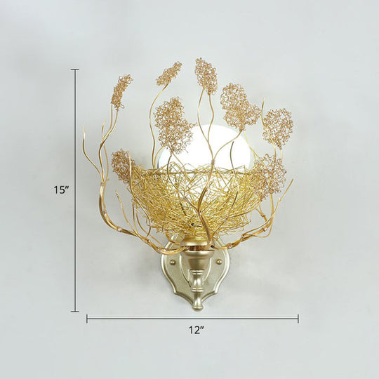 White Glass Egg Shaped Wall Lamp - Bedroom Sconce Light with Gold Aluminum Wire Nest