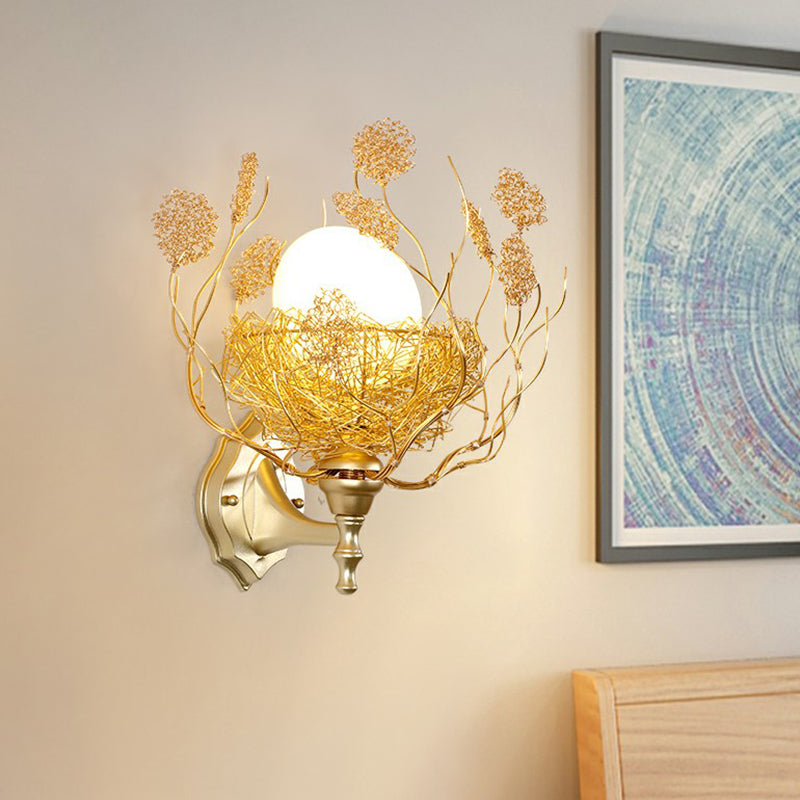 White Glass Egg Shaped Wall Lamp - Bedroom Sconce Light with Gold Aluminum Wire Nest