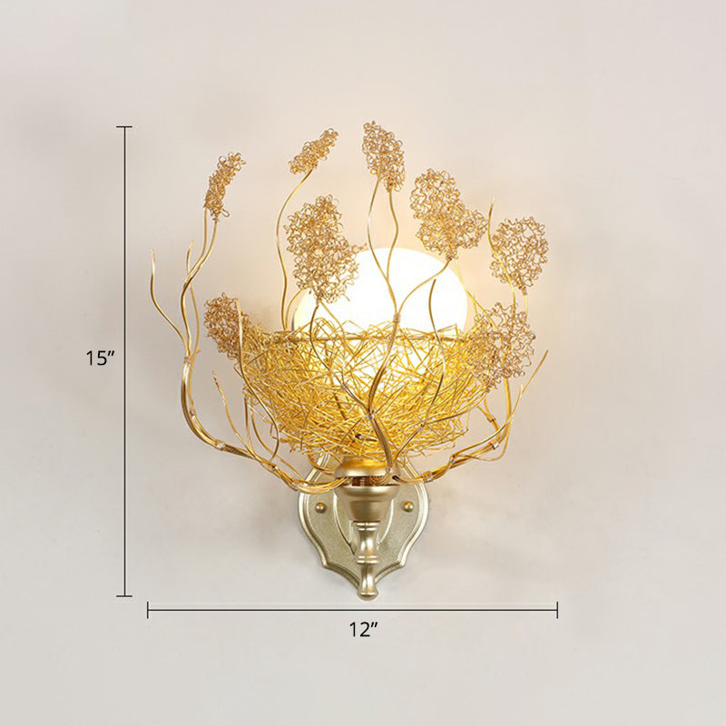 White Glass Egg Shaped Wall Lamp - Bedroom Sconce Light with Gold Aluminum Wire Nest