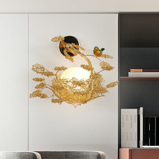 White Glass Egg Shaped Wall Lamp - Bedroom Sconce Light with Gold Aluminum Wire Nest