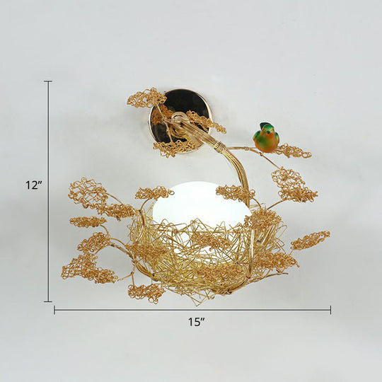 White Glass Egg Shaped Wall Lamp - Bedroom Sconce Light with Gold Aluminum Wire Nest