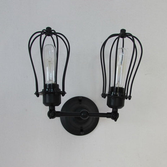 Black Metal Cage Wall Mount Light with Pivot Joint - Industrial Bedroom Sconce Lamp