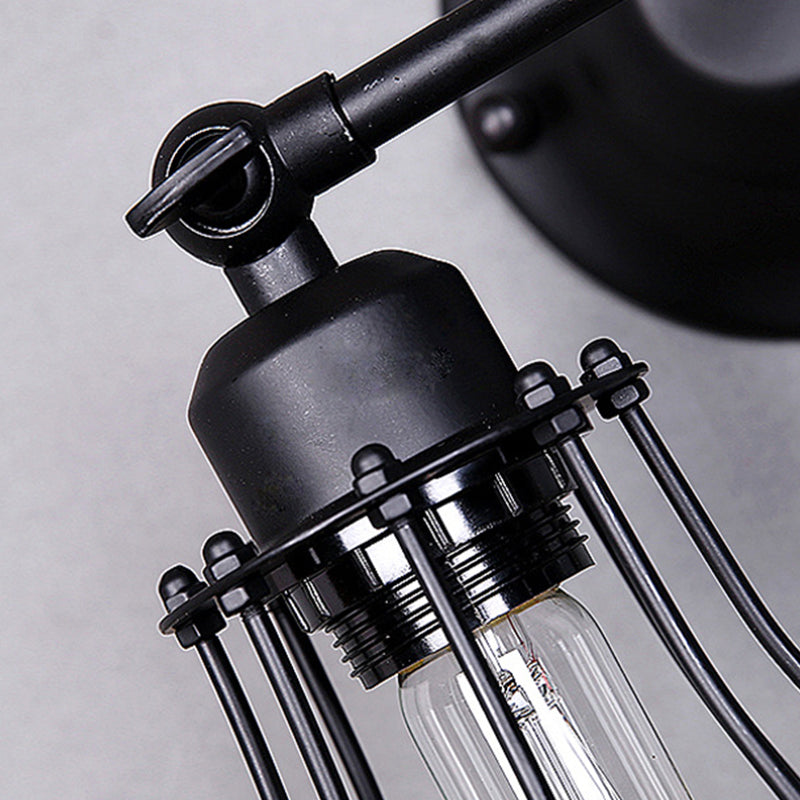 Black Metal Cage Wall Mount Light with Pivot Joint - Industrial Bedroom Sconce Lamp