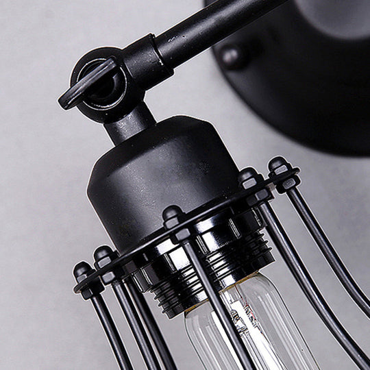 Black Metal Cage Wall Mount Light with Pivot Joint - Industrial Bedroom Sconce Lamp
