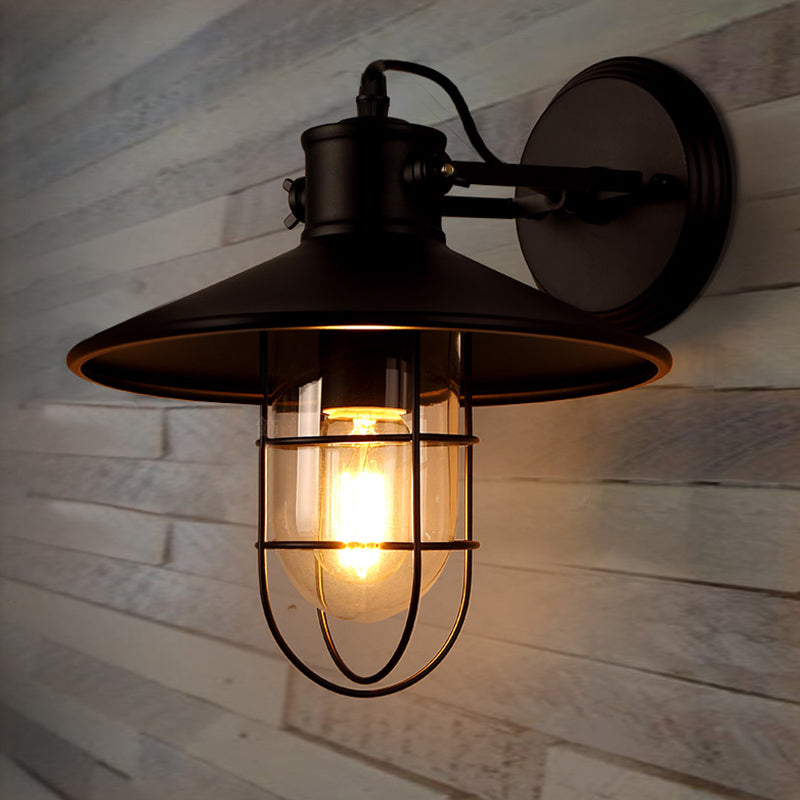 Rustic Rotatable Wall Lamp with Wire Glass Guard in Black - Perfect for Dining Room