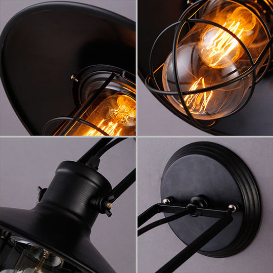 Rustic Rotatable Wall Lamp with Wire Glass Guard in Black - Perfect for Dining Room