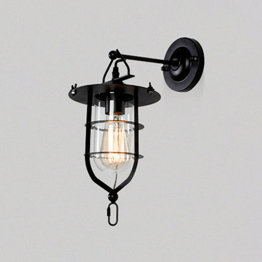 Industrial Metal Wire Cage Wall Sconce with Clear Glass Shade - Black Single Wall Light Fixture