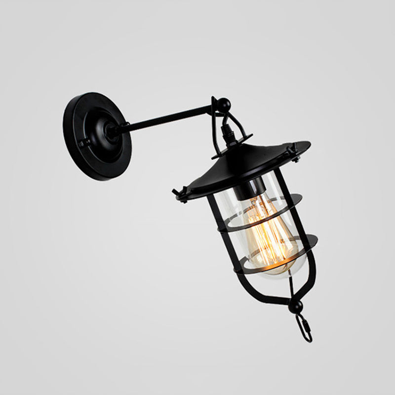 Industrial Metal Wire Cage Wall Sconce with Clear Glass Shade - Black Single Wall Light Fixture