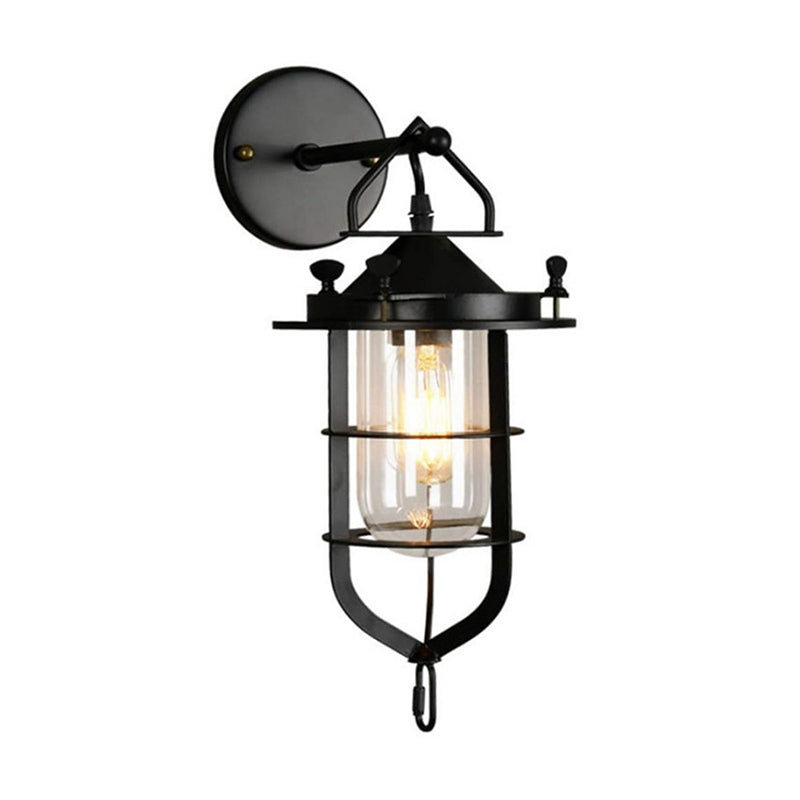 Industrial Metal Wire Cage Wall Sconce with Clear Glass Shade - Black Single Wall Light Fixture