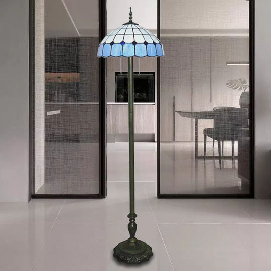 Stylish Grid Dome Standing Floor Lamp - Tiffany Glass, Blue Light for Living Room