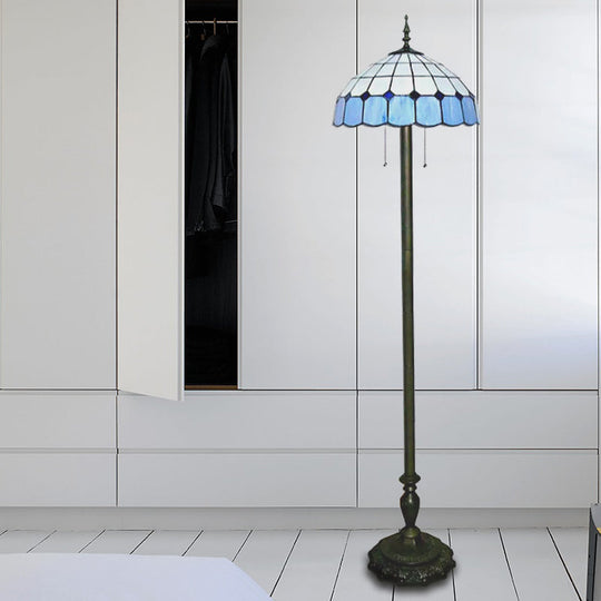 Stylish Grid Dome Standing Floor Lamp - Tiffany Glass, Blue Light for Living Room