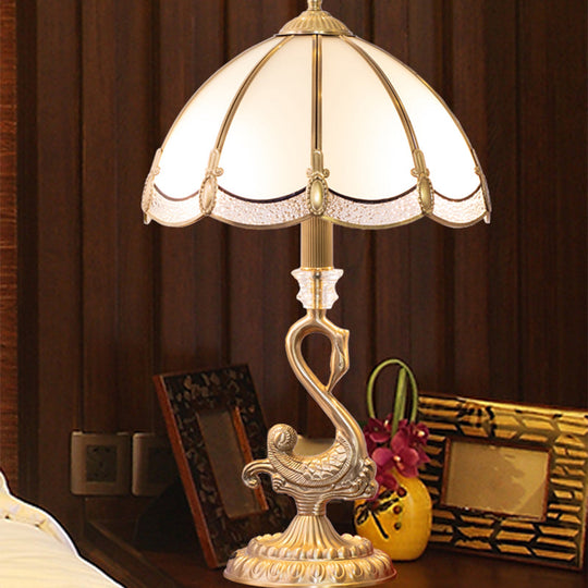 Dome Table Lamp: Classic 1-Head White Glass Nightstand Light with Bird Decoration in Brass
