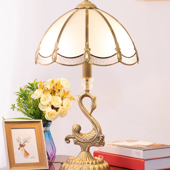 Dome Table Lamp: Classic 1-Head White Glass Nightstand Light with Bird Decoration in Brass