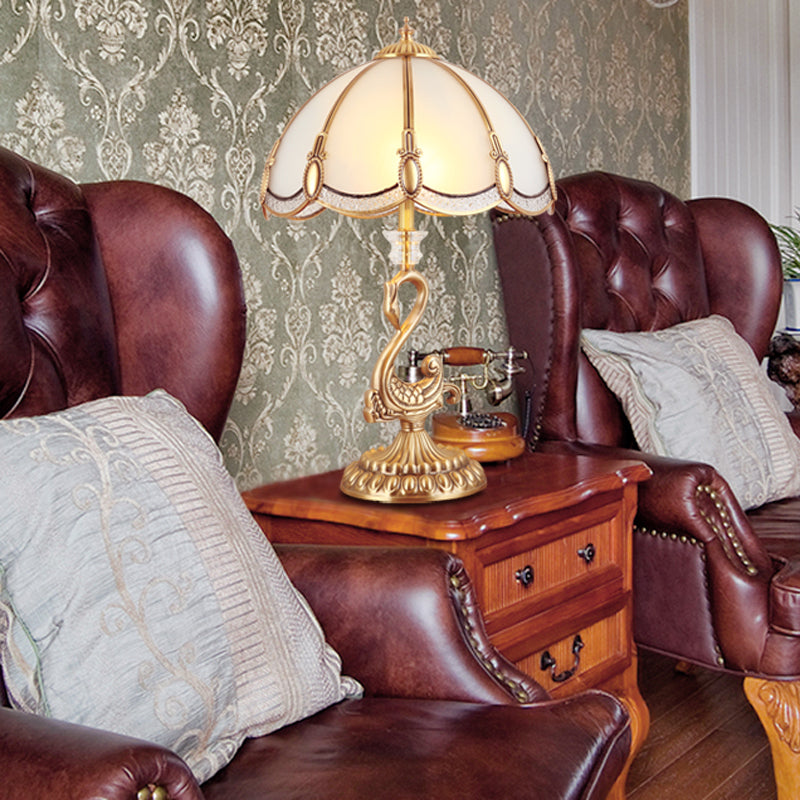 Dome Table Lamp: Classic 1-Head White Glass Nightstand Light with Bird Decoration in Brass